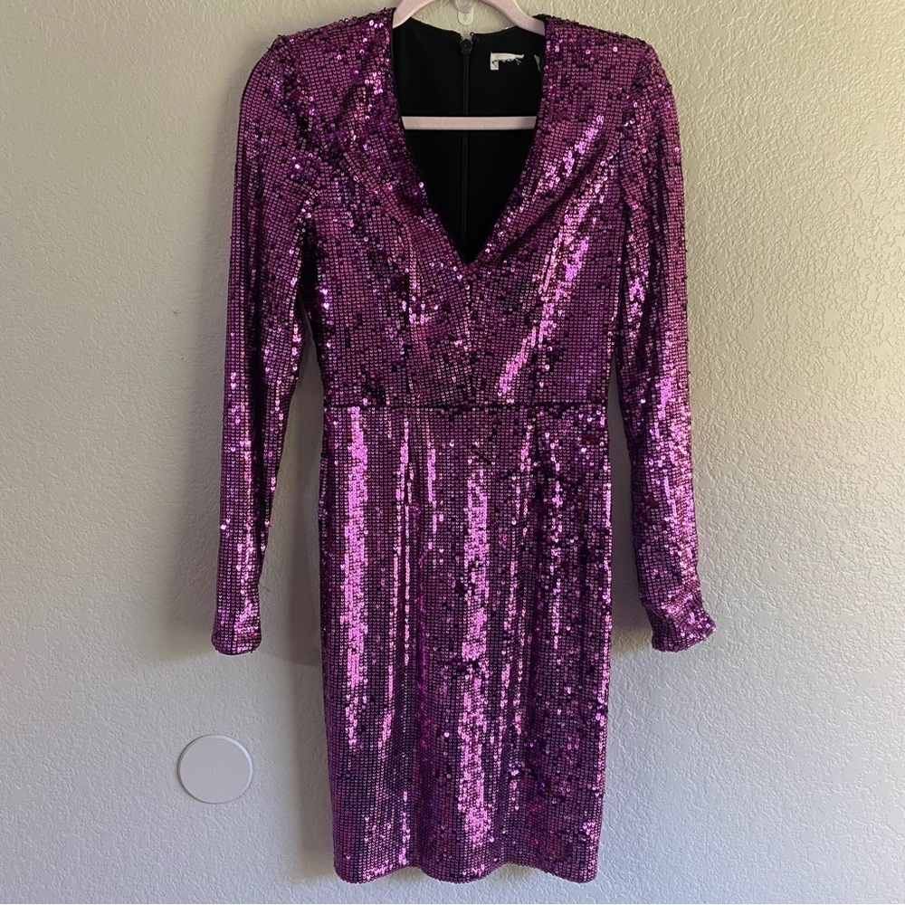 Dress The Population Purple Sequins Long Sleeve Dress